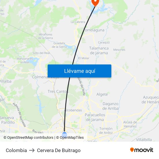 Colombia to Cervera De Buitrago map