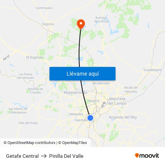 Getafe Central to Pinilla Del Valle map