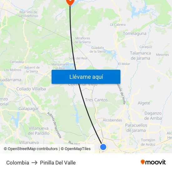 Colombia to Pinilla Del Valle map