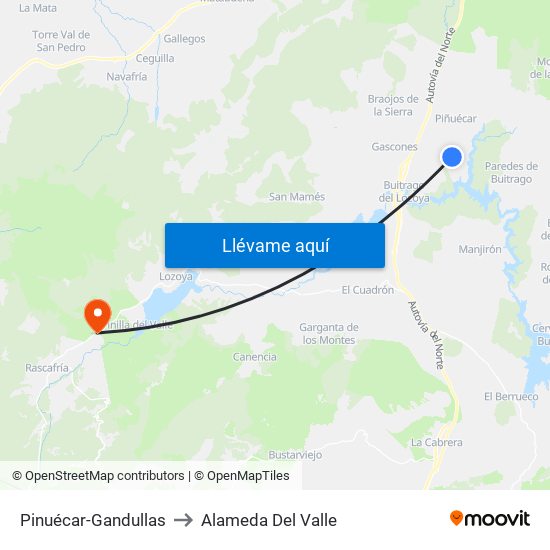 Pinuécar-Gandullas to Alameda Del Valle map