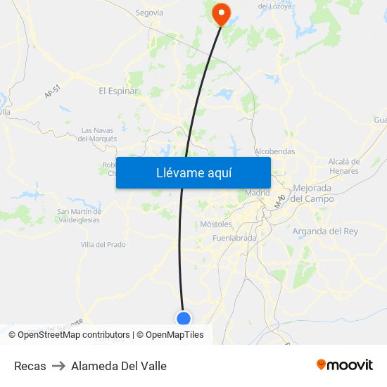 Recas to Alameda Del Valle map