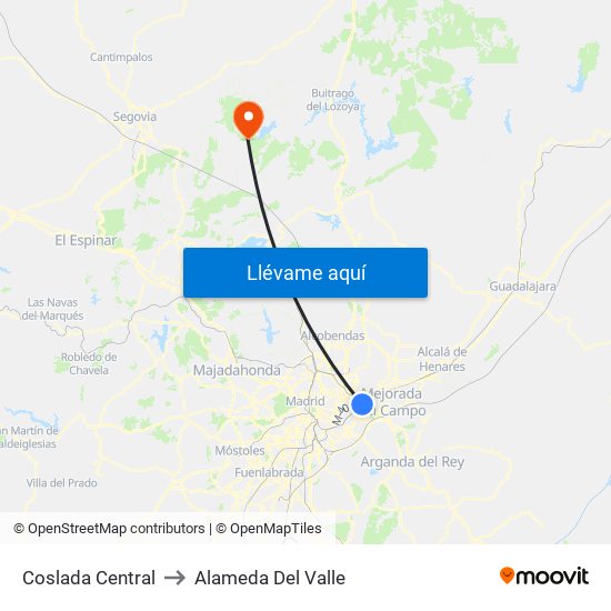 Coslada Central to Alameda Del Valle map
