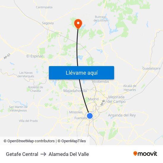 Getafe Central to Alameda Del Valle map
