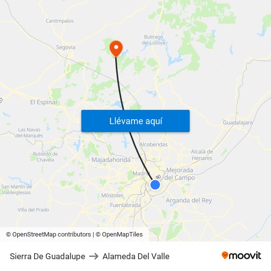 Sierra De Guadalupe to Alameda Del Valle map