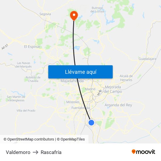 Valdemoro to Rascafría map