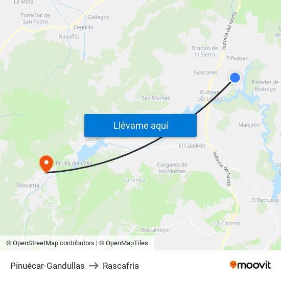 Pinuécar-Gandullas to Rascafría map