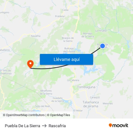 Puebla De La Sierra to Rascafría map