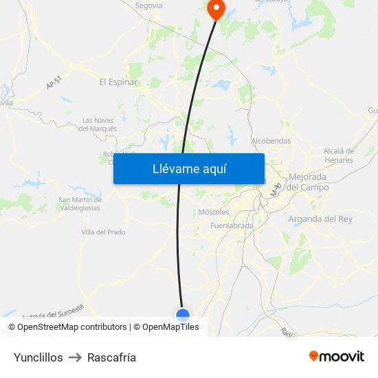 Yunclillos to Rascafría map