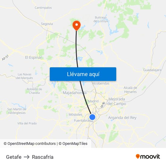 Getafe to Rascafría map
