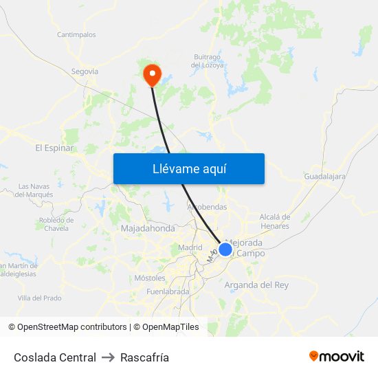 Coslada Central to Rascafría map