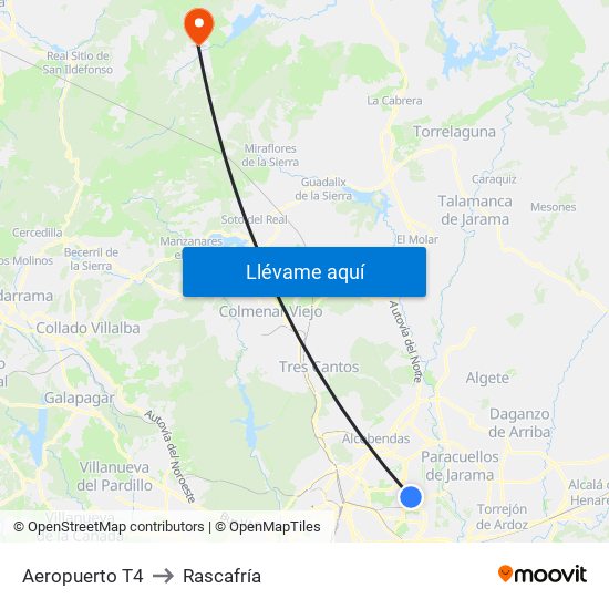 Aeropuerto T4 to Rascafría map