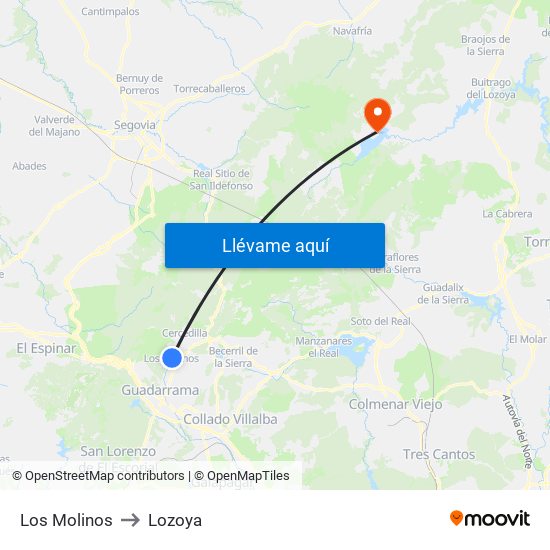 Los Molinos to Lozoya map