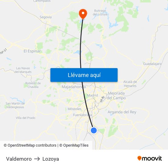 Valdemoro to Lozoya map