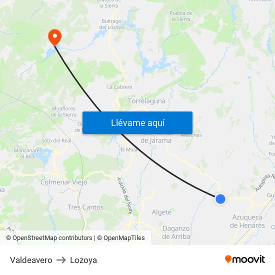 Valdeavero to Lozoya map