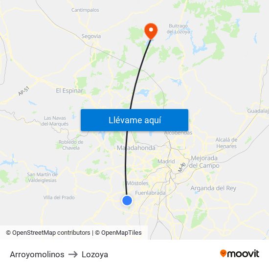Arroyomolinos to Lozoya map