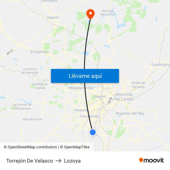 Torrejón De Velasco to Lozoya map