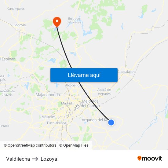Valdilecha to Lozoya map