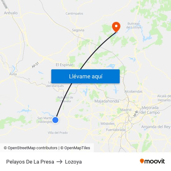 Pelayos De La Presa to Lozoya map