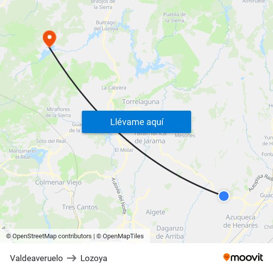 Valdeaveruelo to Lozoya map