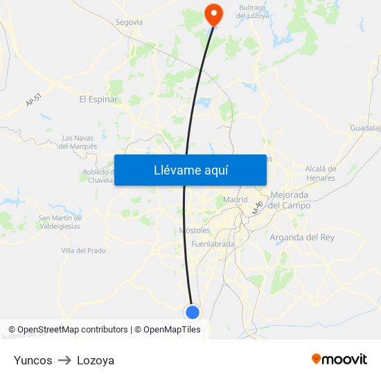Yuncos to Lozoya map