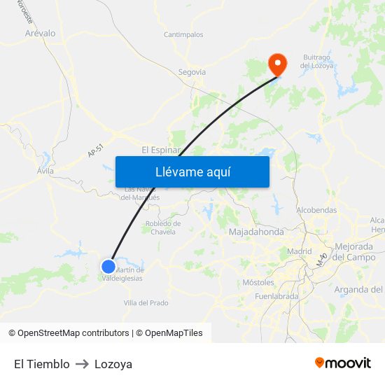El Tiemblo to Lozoya map