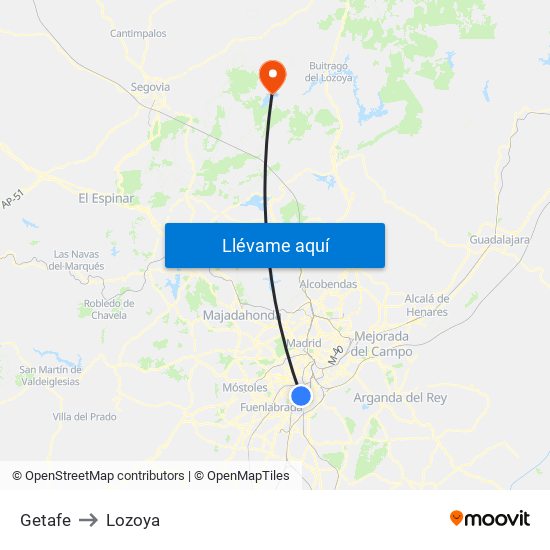 Getafe to Lozoya map