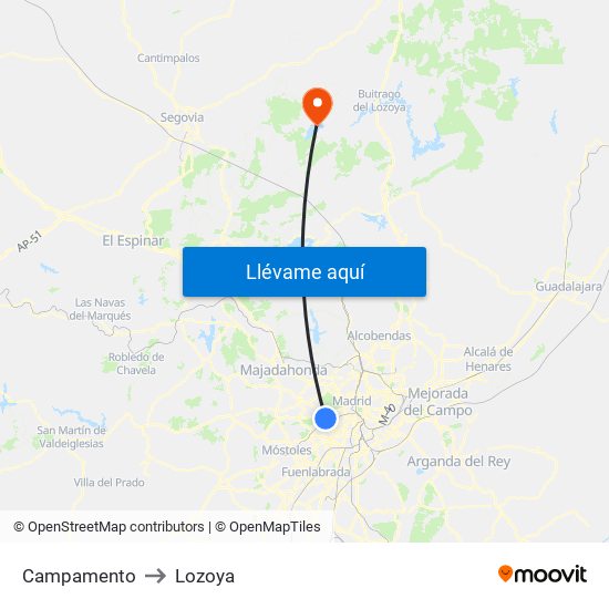 Campamento to Lozoya map