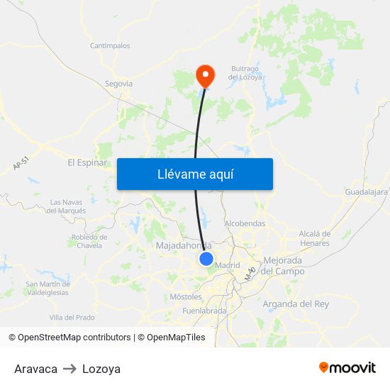 Aravaca to Lozoya map