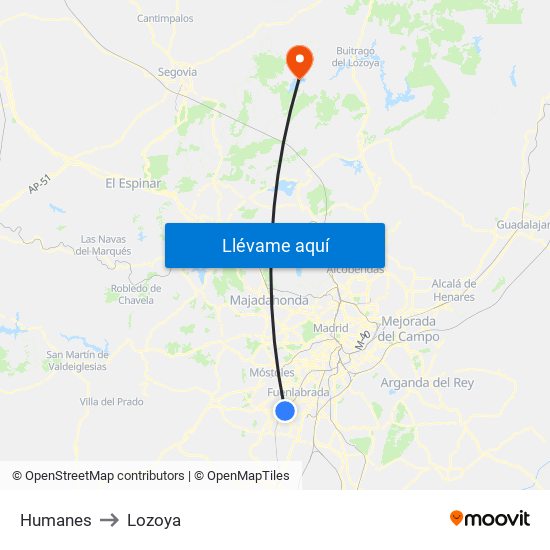 Humanes to Lozoya map