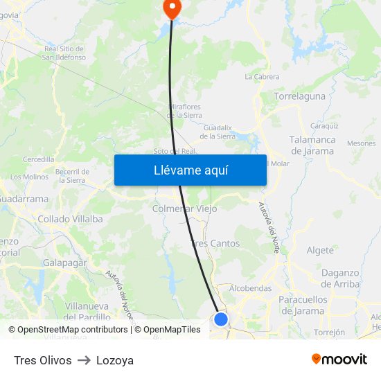 Tres Olivos to Lozoya map