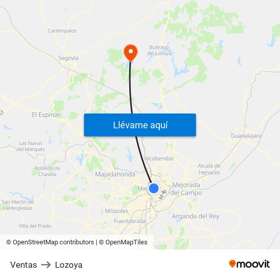 Ventas to Lozoya map