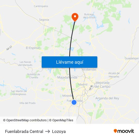 Fuenlabrada Central to Lozoya map