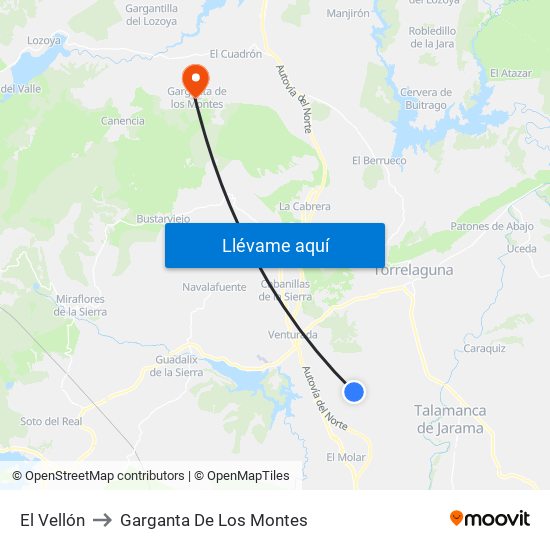 El Vellón to Garganta De Los Montes map