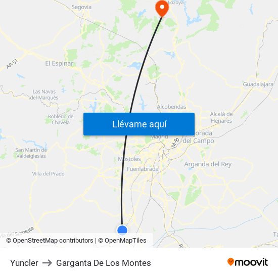 Yuncler to Garganta De Los Montes map