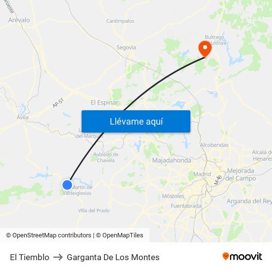 El Tiemblo to Garganta De Los Montes map