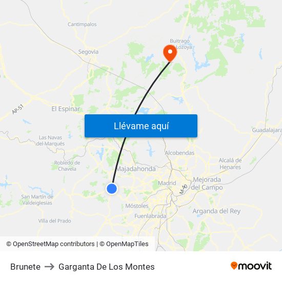 Brunete to Garganta De Los Montes map