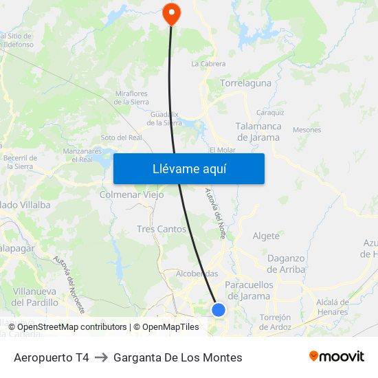 Aeropuerto T4 to Garganta De Los Montes map