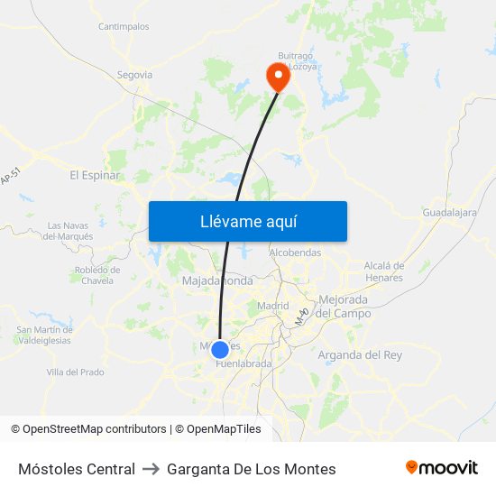 Móstoles Central to Garganta De Los Montes map