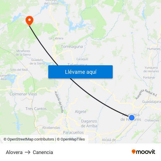 Alovera to Canencia map