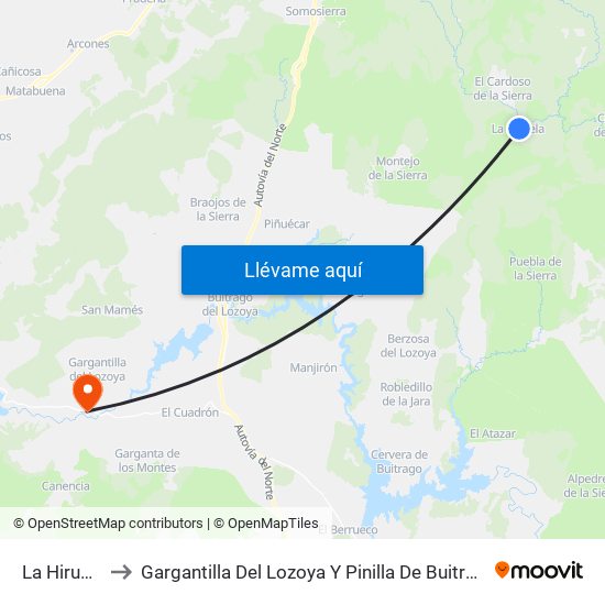 La Hiruela to Gargantilla Del Lozoya Y Pinilla De Buitrago map