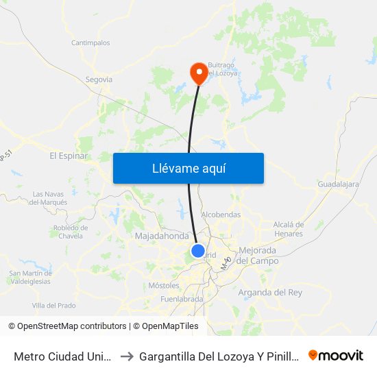 Metro Ciudad Universitaria to Gargantilla Del Lozoya Y Pinilla De Buitrago map