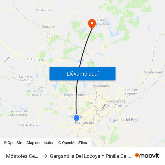 Móstoles Central to Gargantilla Del Lozoya Y Pinilla De Buitrago map