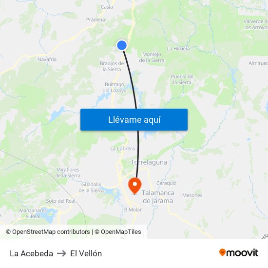 La Acebeda to El Vellón map