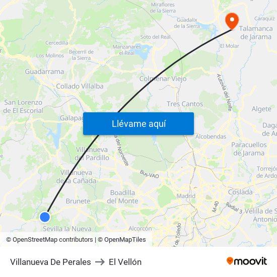 Villanueva De Perales to El Vellón map