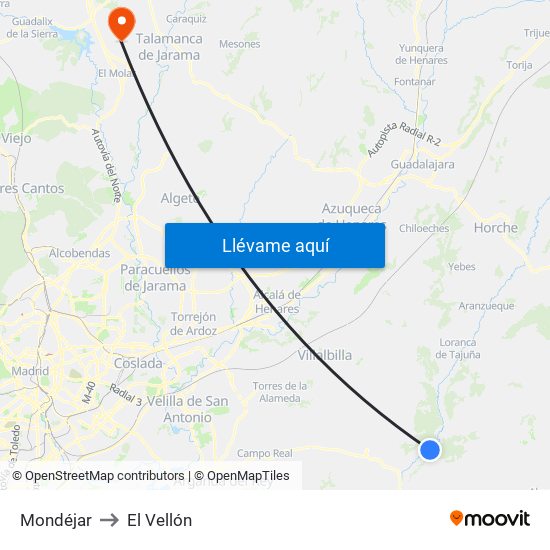 Mondéjar to El Vellón map