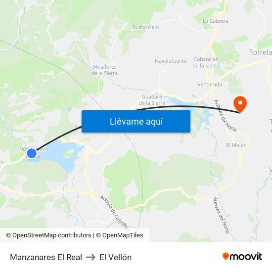 Manzanares El Real to El Vellón map