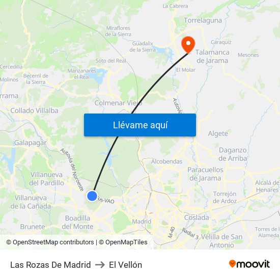 Las Rozas De Madrid to El Vellón map