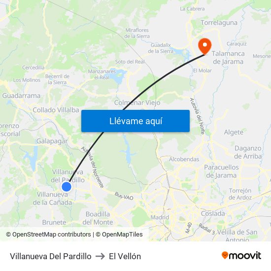 Villanueva Del Pardillo to El Vellón map