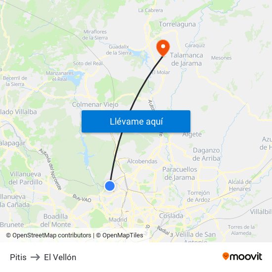 Pitis to El Vellón map