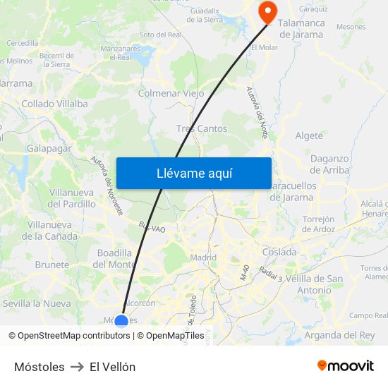 Móstoles to El Vellón map